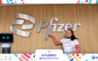 Mulher e robô em painel corporativo